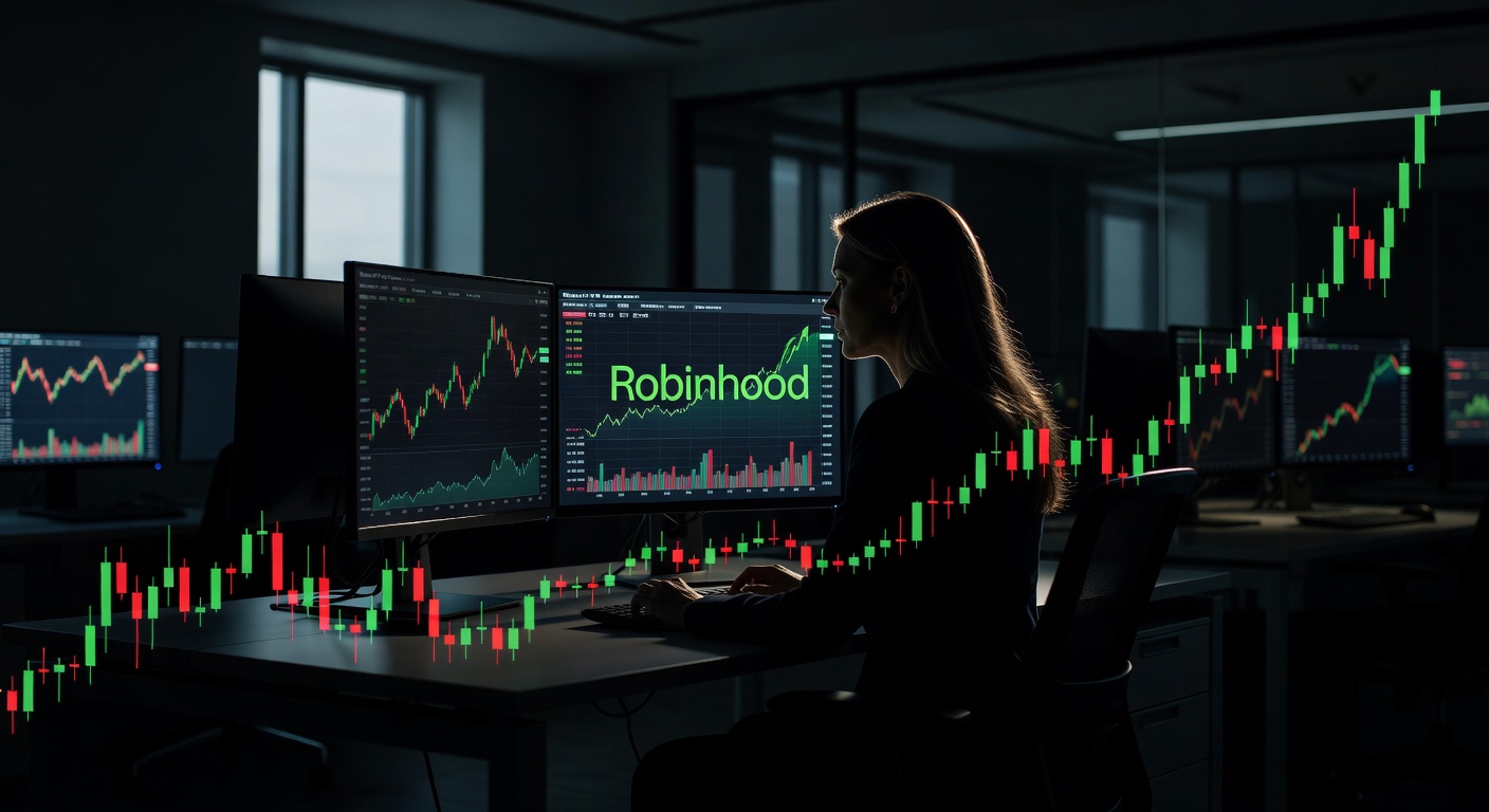 Cathie Wood da Ark Invest comprando ações Robinhood e vendendo ETF Bitcoin, cena de trading profissional.