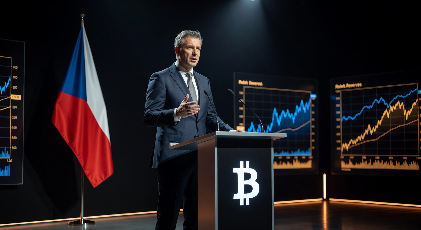 Governador BC Tcheco Ales Michl defendendo Bitcoin em reservas soberanas durante evento, gráfico de diversificação de portfólio.