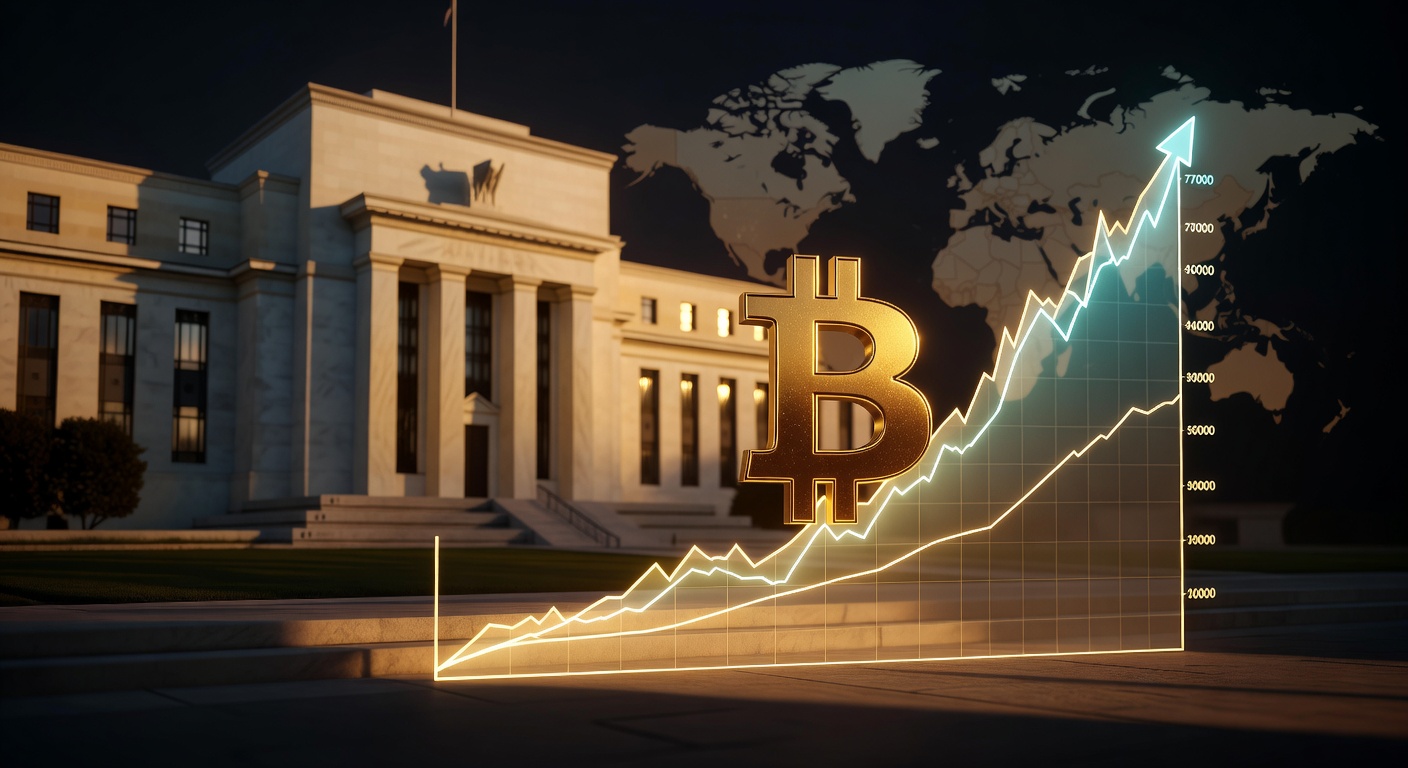 Bitcoin atinge US$ 77.000 ahead Fed e Trump, gráfico ascendente com prédio Fed.