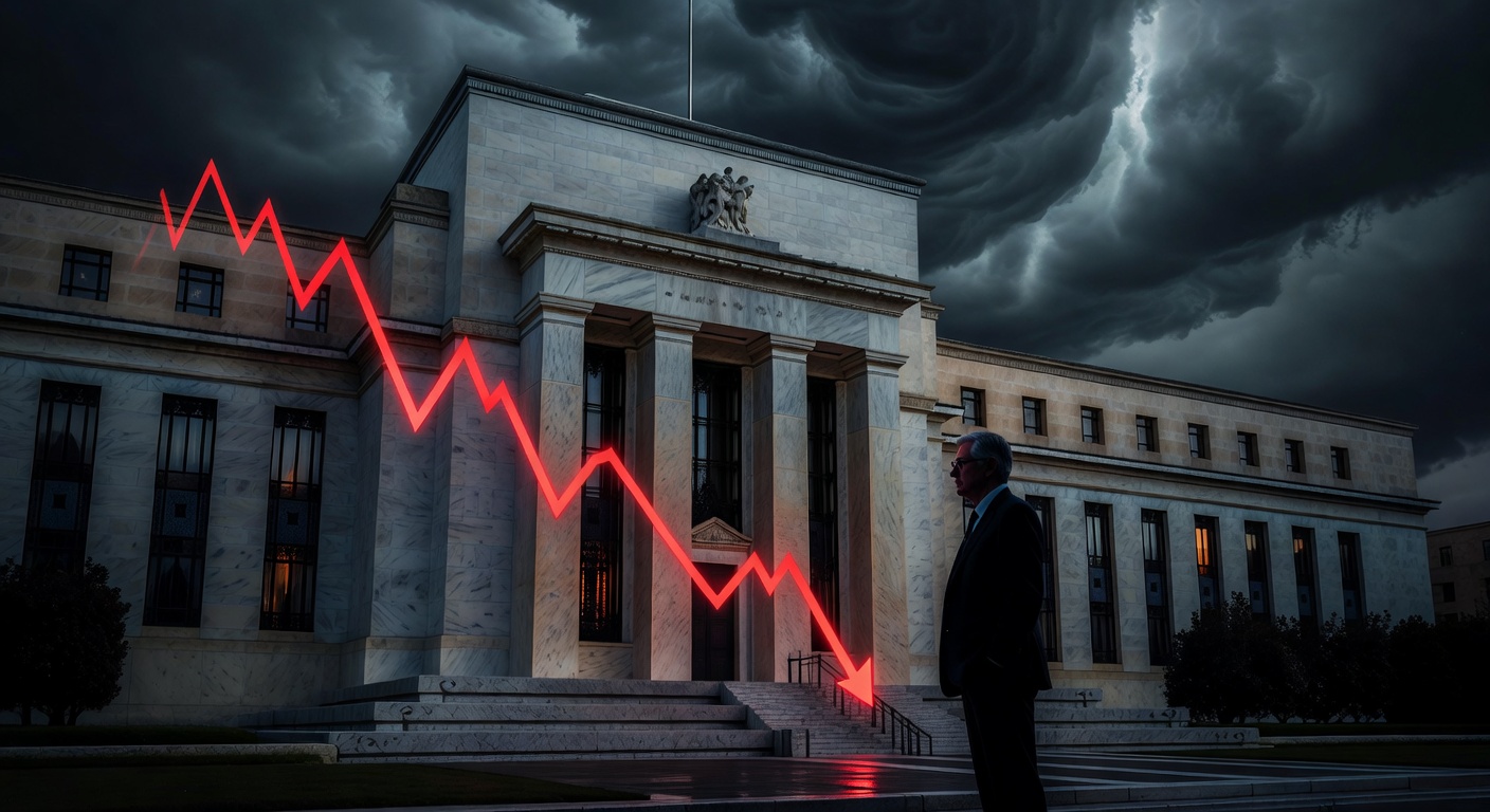 Bitcoin cai US$ 75 mil após Fed manter juros: gráfico vermelho e prédio do banco central simbolizando impacto na política monetária.