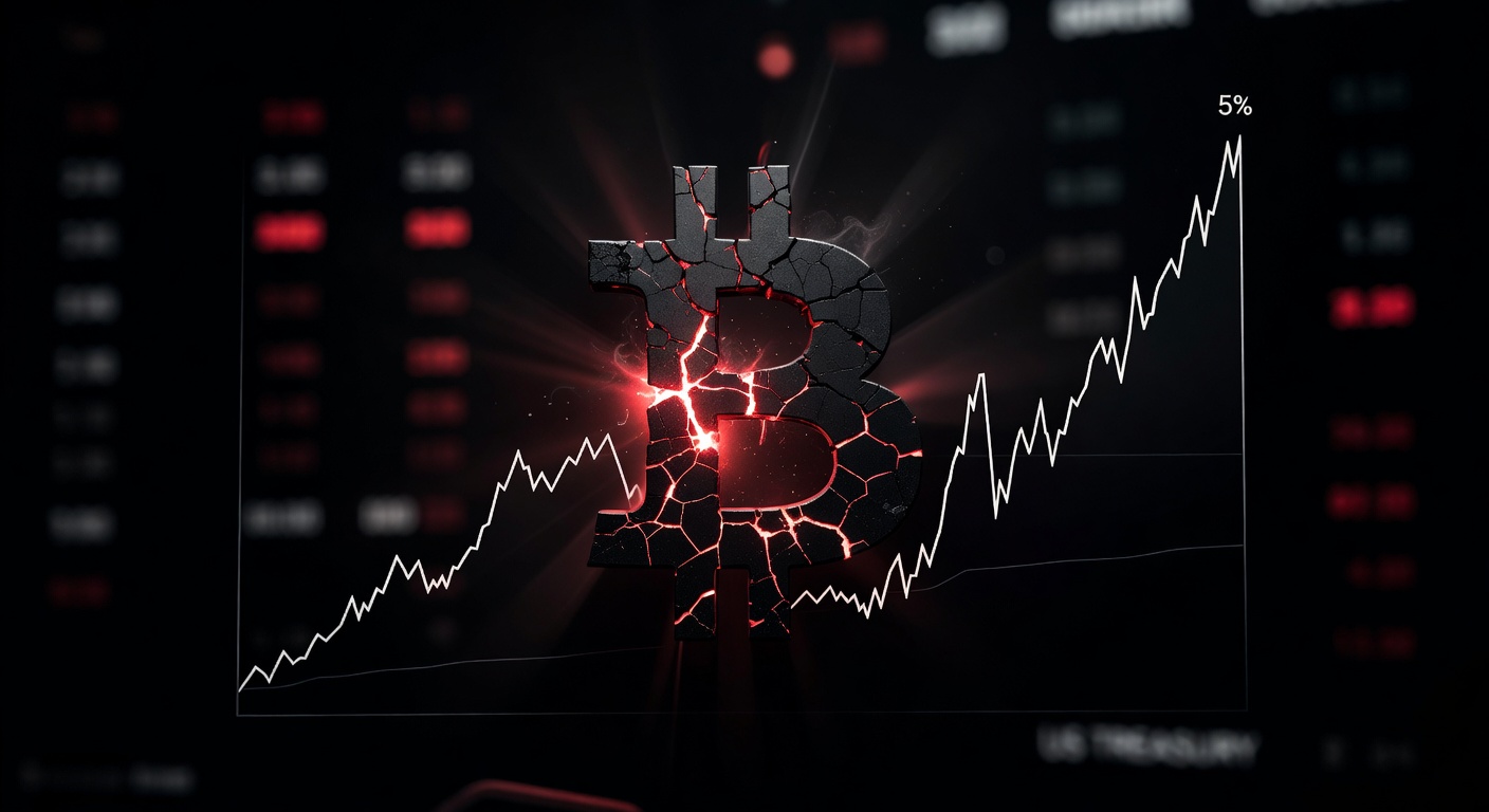 Bitcoin em queda para US$ 75 mil com gráficos de petróleo e yields em alta, impacto no mercado cripto brasileiro.