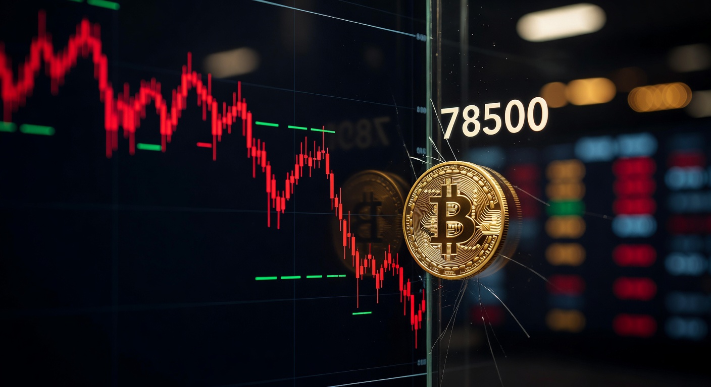 Bitcoin testando resistência em US$ 78.500 em gráfico de candles vermelhos, cena de tensão no mercado cripto para investidores brasileiros.