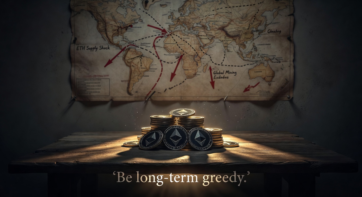 Bitmine acumulando Ether como reserva de guerra, pilhas ETH douradas.