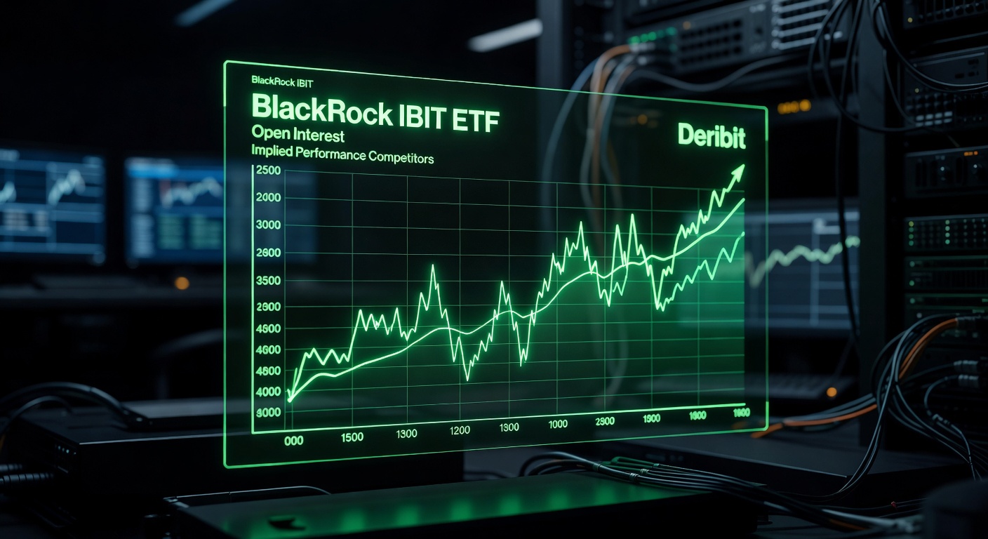 Opções do BlackRock IBIT superando Deribit em open interest, gráfico verde de adoção institucional em cripto Bitcoin.