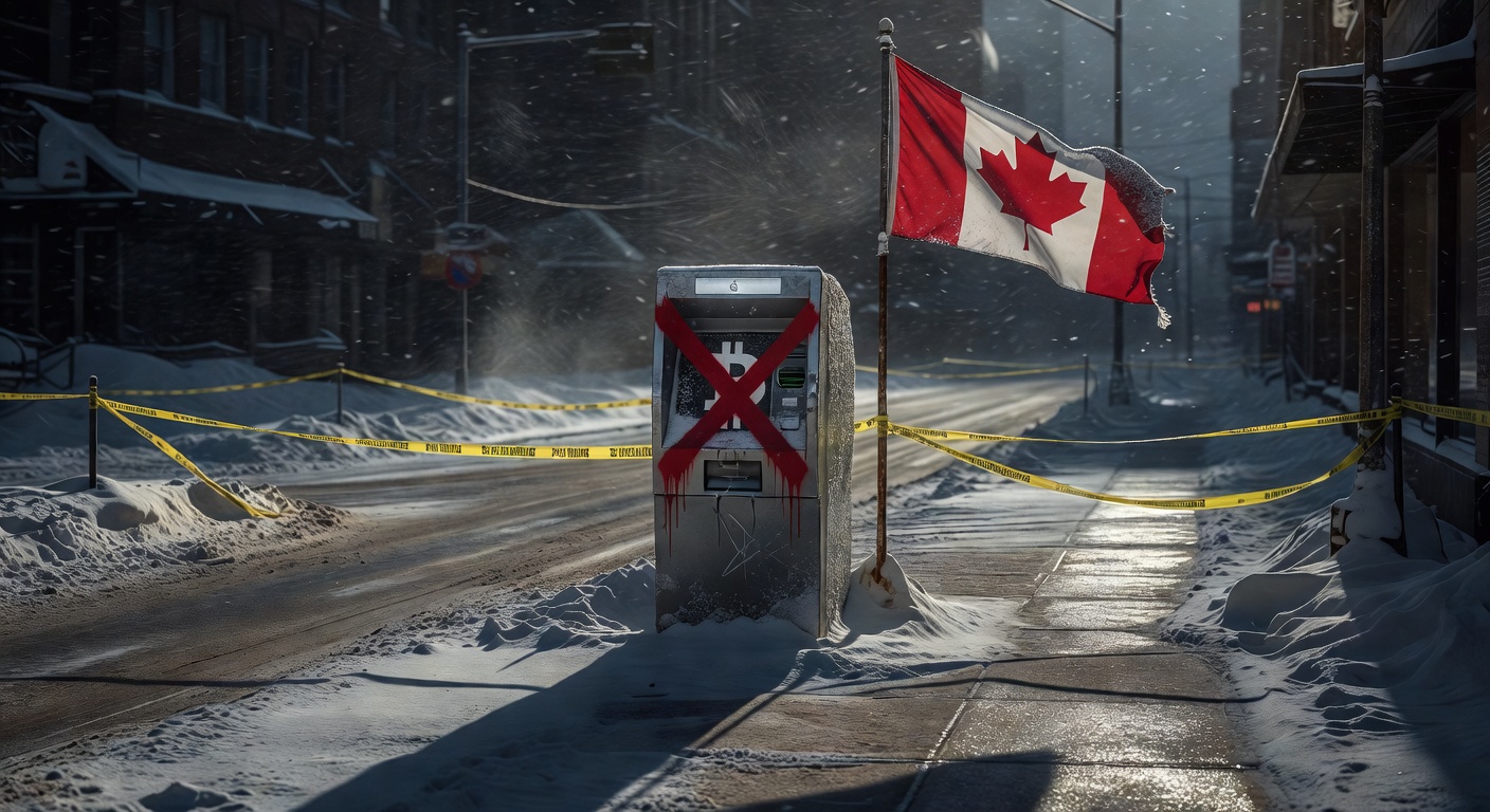 Caixa eletrônico Bitcoin banido no Canadá com bandeira nacional, impacto regulatório em adoção cripto.