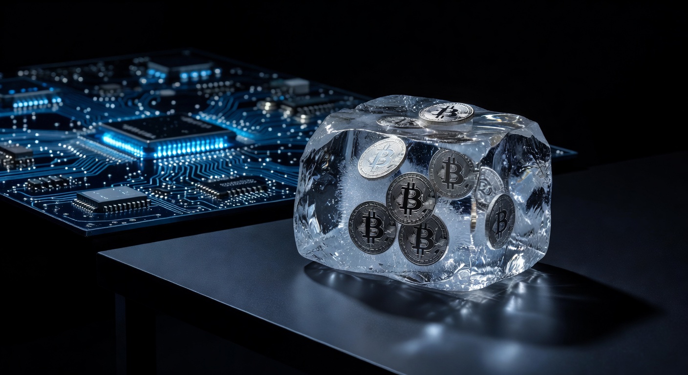 Moedas Bitcoin congeladas representando proposta BIP-361 dormentes, risco quântico ao mercado cripto brasileiro.