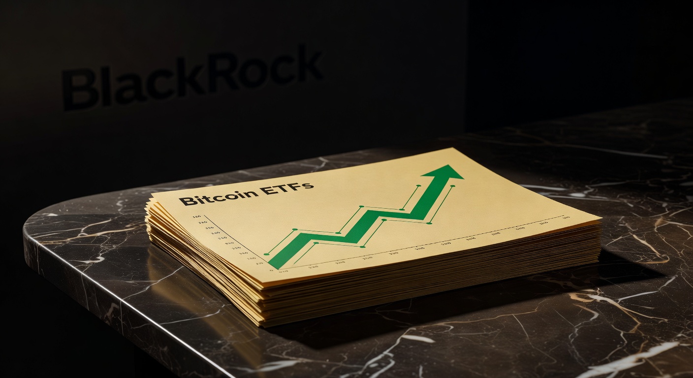 Gráfico de inflows em ETFs Bitcoin com BlackRock IBIT liderando US$14M, imagem editorial de adoção institucional cripto.