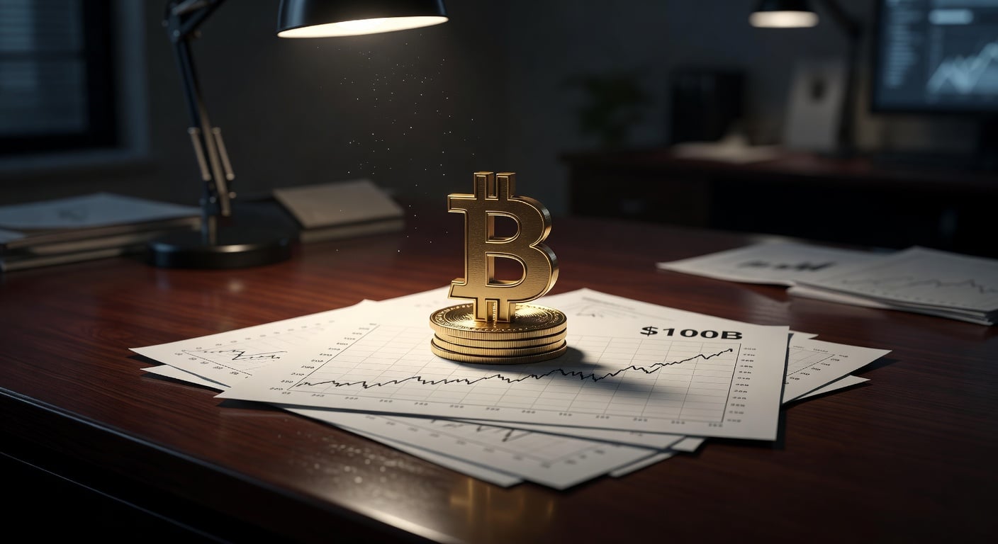 Gráfico de ETFs de Bitcoin atingindo US$ 100 bilhões em AUM, marco histórico para mercado cripto em 28/04/2026.