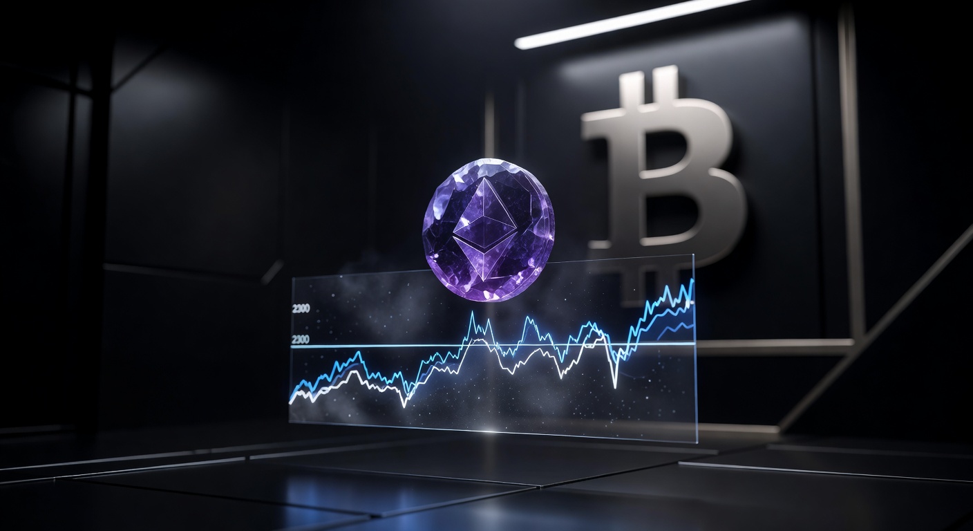 Ethereum mantendo suporte US$ 2.300 em gráfico holográfico, cena de força no mercado DeFi cripto.