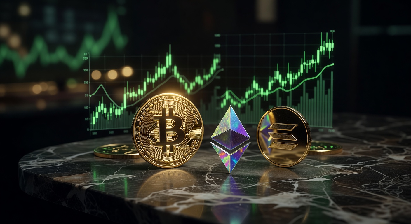 Imagem do ETF Core3 GSR com moedas Bitcoin, Ethereum e Solana em gráfico ascendente, impacto bullish no mercado cripto brasileiro.