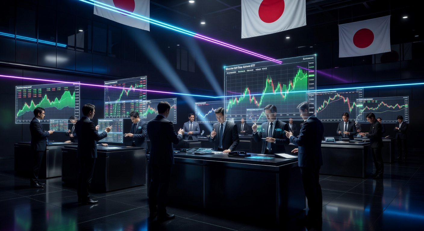 Japan Exchange anunciando ETFs de cripto para 2027, cena de bolsa Tokyo com BTC em alta.