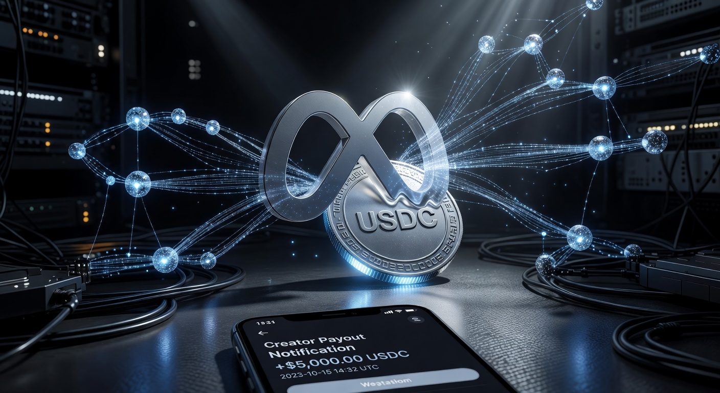 Meta pagamentos USDC Solana: logo Meta com stablecoin e blockchain ilustrando nova era DeFi para criadores.