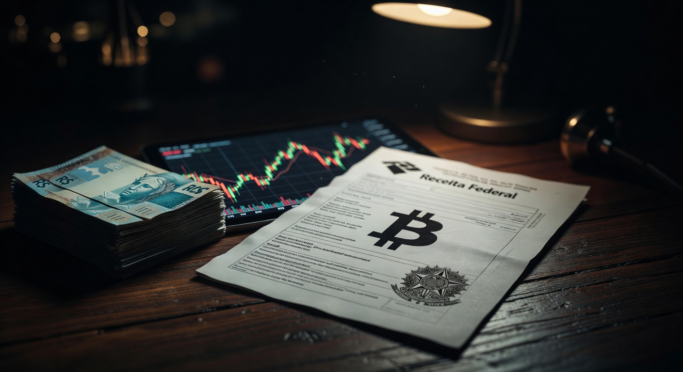 Documento Receita Federal com código para imposto Bitcoin e gráfico de preço em alta, impacto na tributação cripto no Brasil.