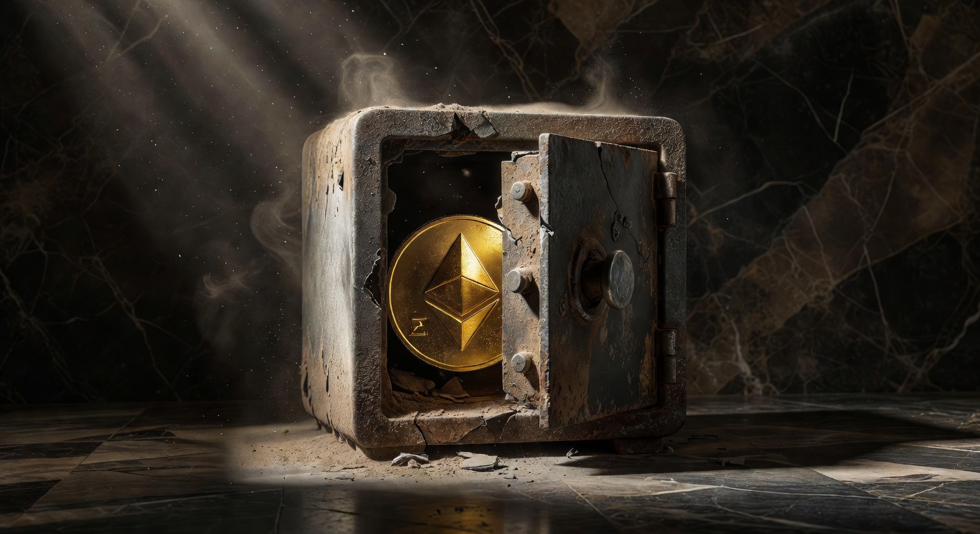 Whale ICO ETH 2015 move US$ 23 mi após 10 anos, imagem de cofre antigo com ETH dourado.