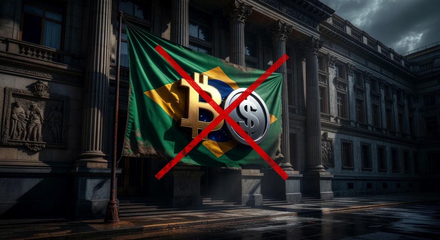Proibição BC cripto pagamentos: bandeira Brasil com BTC e stablecoins vetados, prédio Banco Central ao fundo.