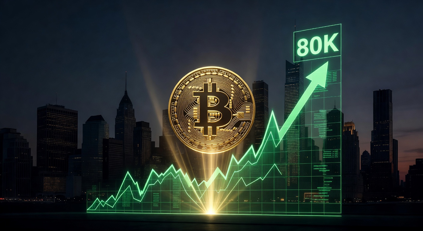 Bitcoin avançando para US$ 80 mil em gráfico verde, simbolizando alta no mercado cripto impulsionada por ações.