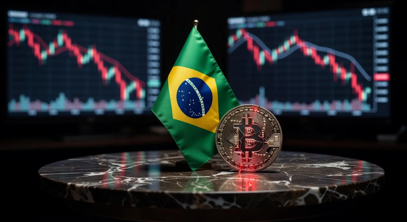 Imagem ilustrando proibição do BC ao uso de Bitcoin em remessas transfronteiriças, com queda no mercado cripto brasileiro.