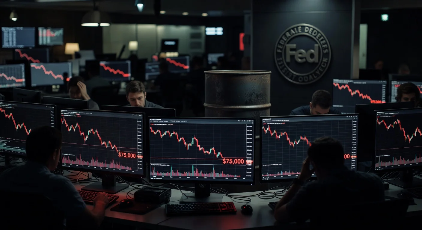 Gráfico do Bitcoin caindo para US$ 75.000 com velas vermelhas, impacto de saídas de ETFs no mercado cripto em BRL.