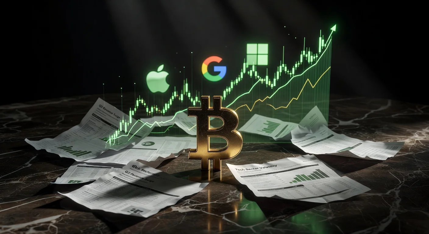 Bitcoin coin subindo gráfico com logos big tech ao fundo, bitcoin preco hoje após lucros.