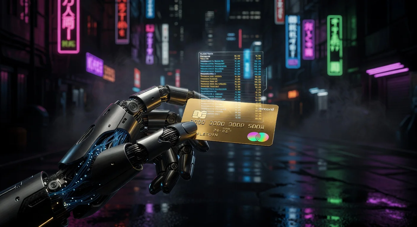 Mão de agente IA com cartão débito stablecoin MoonPay Mastercard, stablecoin cartao debitu ai.