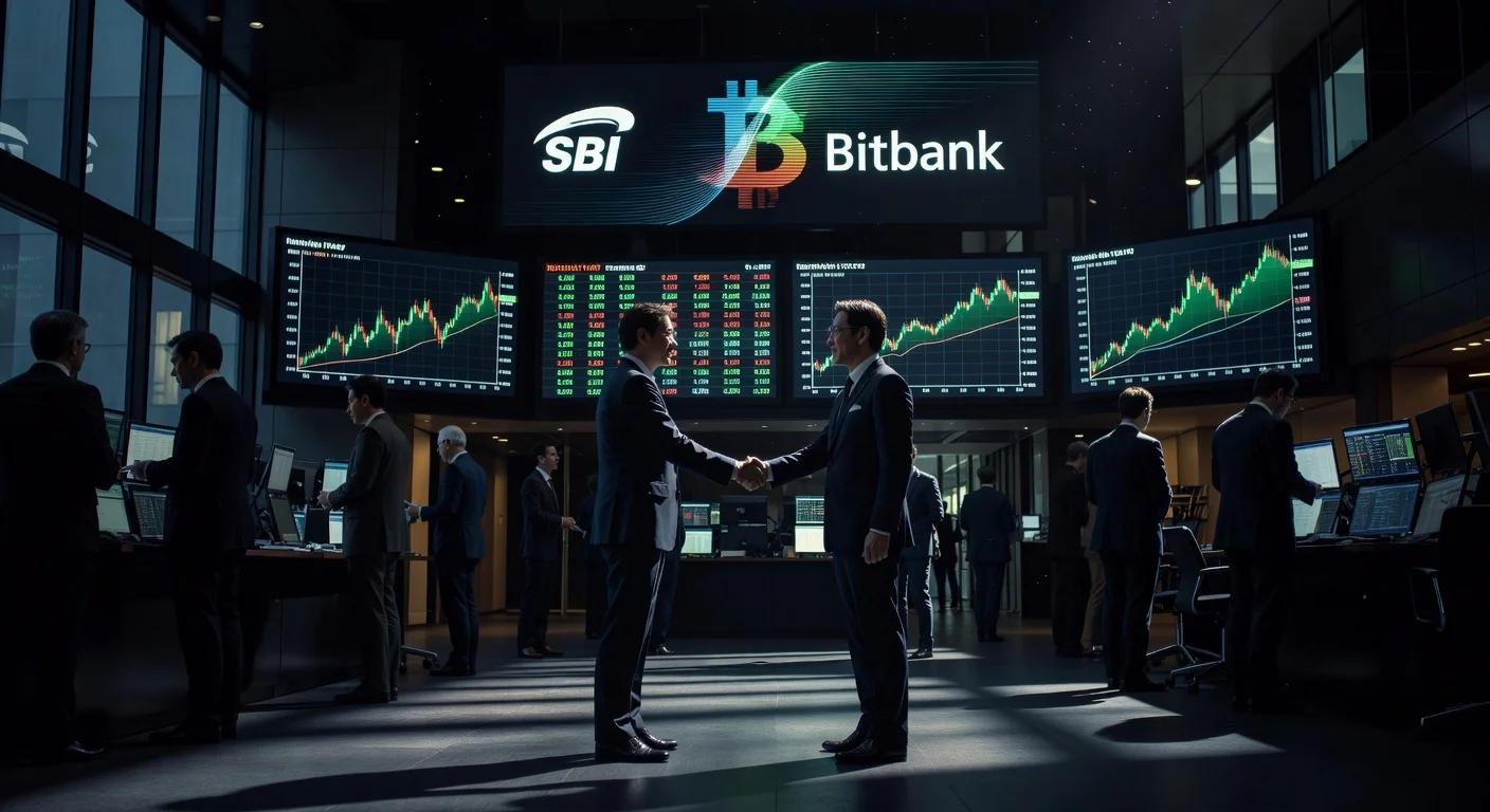 Executivos SBI e Bitbank handshake com gráficos BTC, sbi bitbank aquisicao japao.